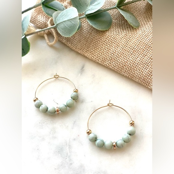 Turquoise and gold beaded gold Bohemian gold hoops - Picture 2 of 3